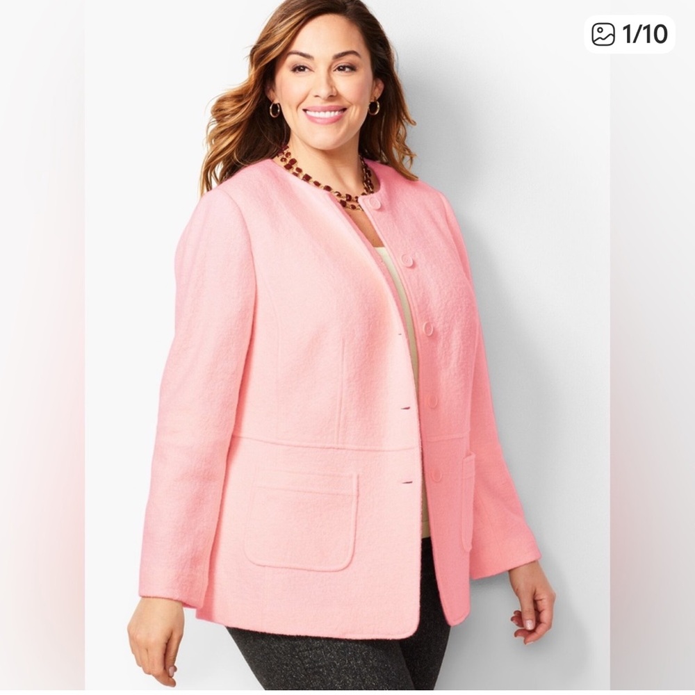 Talbots Boiled Wool Boucle Wool Blend Button Up Plus Size Pink Lady Jacket, 22W